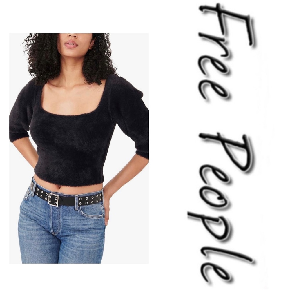 FREE PEOPLE Moonbeam 3/4 Puff Sleeve Crop Fuzzy Pullover Sweater Dark Romance M